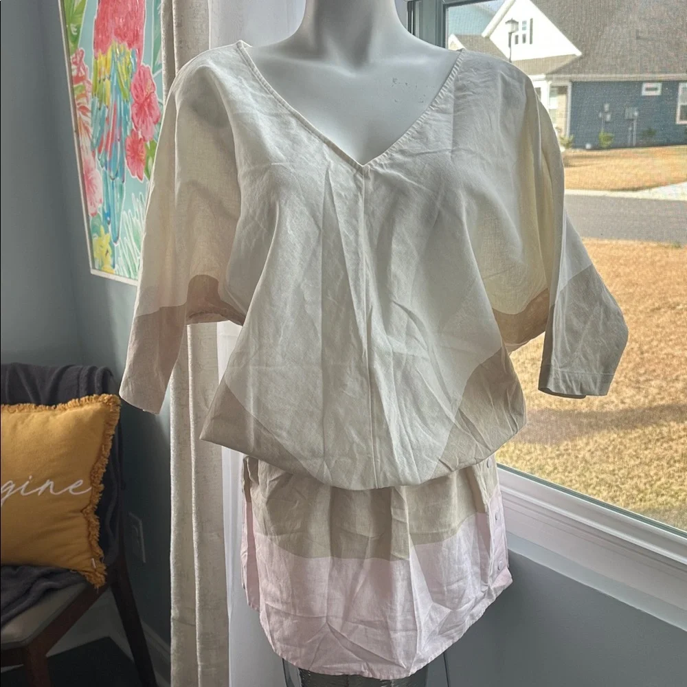🍦NWOT🍦Tory Burch Beige and Cream Linen Blend Blouse - Picture 5 of 10